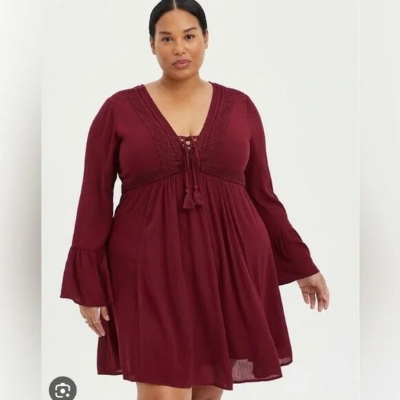 torrid Burgundy Gauze Laceup Skater Dress Womens Plus Size 5X NWT - Picture 1 of 6